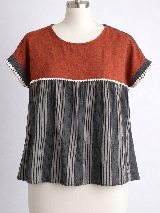 THML Tops - THML Rust and Charcoal Striped Pom-Trim Blouse